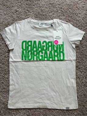 Mads Norgaard Kids White Tee with Bright Green Logo Print
